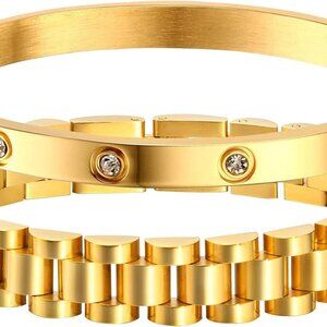 2pcs Gold Chain Link Bracelet, Stainless Steel Crystal Friendship Bracelets Bang